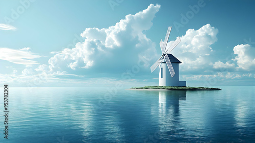 A white windmill on a small...