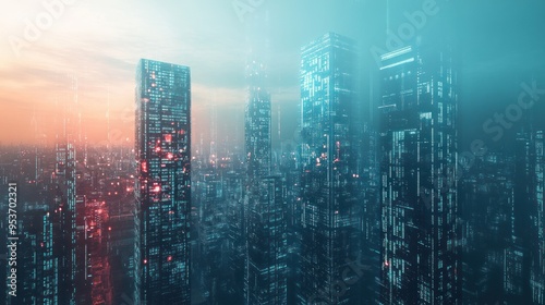 Futuristic Cityscape with Glowing Digital Code Buildings