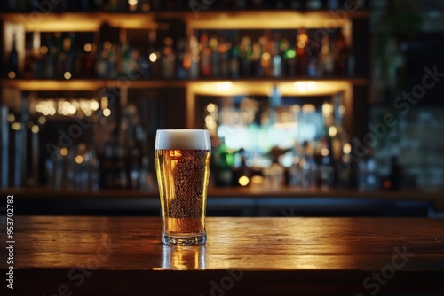 Glass of Craft Beer on Wooden Bar Counter in Cozy Pub Setting with Warm Lighting