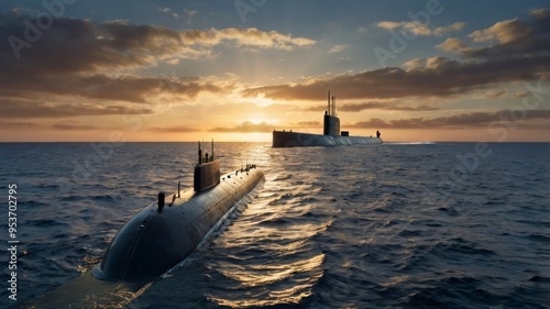 Two nuclear submarines patrolling at sunset photo