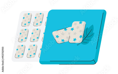Pack of chewing gums with star pattern and leaf illustration on turquoise background flat vector illustration. Chewing gums are arranged in a blister pack