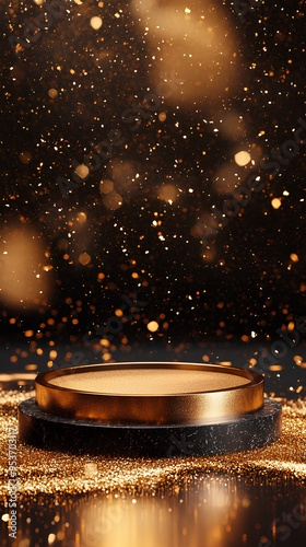 Falling golden sparks or confetti, a shining podium platform on a festive dark background. The concept of the show.