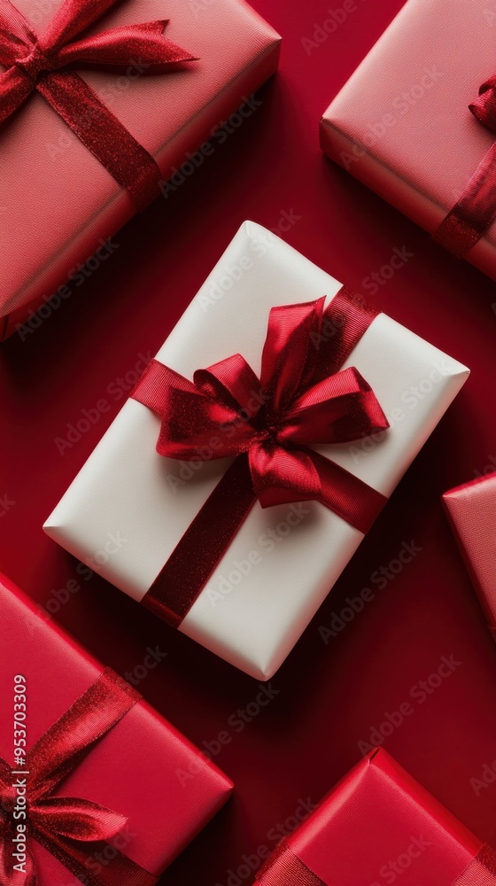 A row of red and white presents with red bows on top
