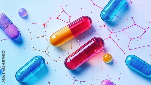 Colorful capsules and molecular structures on a blue background showcasing pharmaceutical and scientific research concepts. photo