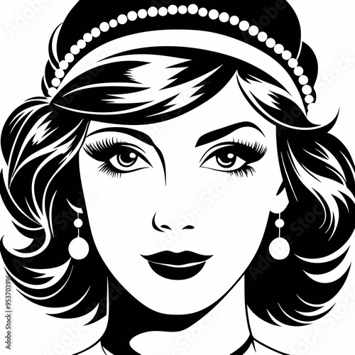 Elegant Woman with Pearls and Earrings, Black and White Vector Portrait