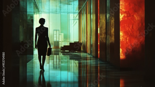 Silhouetted Businesswoman Walking Through a Modern Office Hallway