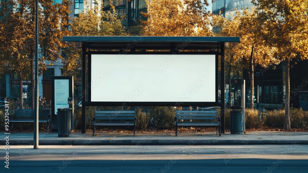 Bus stop with empty advertising banner and benches placed on city street. Mockup banner Bus stop with empty advertising banner and benches placed on city street. Mockup banner