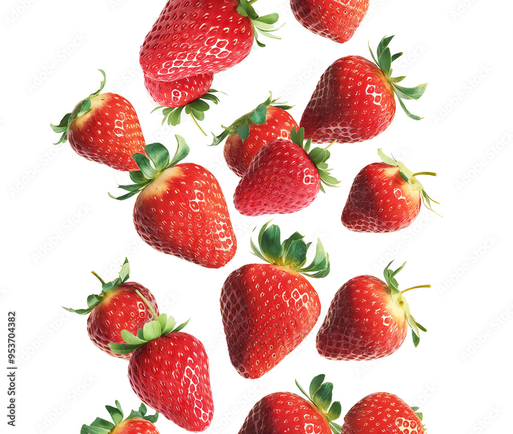 Flying or falling strawberries on transparent, PNG or white background. Fresh strawberry fruit. For food packages. Flying or falling strawberries on transparent, PNG or white background. Fresh strawberry fruit. For food packages.
