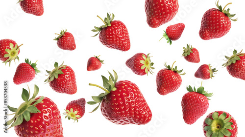 Flying or falling strawberries on transparent, PNG or white background. Fresh strawberry fruit. For food packages. 