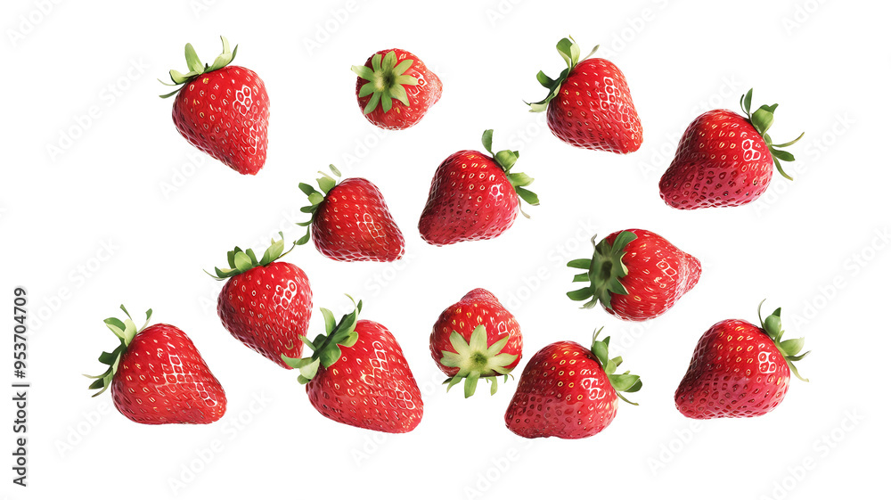 Flying or falling strawberries on transparent, PNG or white background. Fresh strawberry fruit. For food packages.	