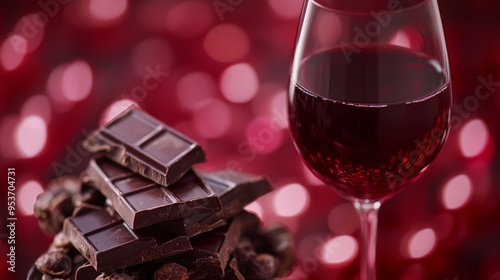 Glass of red wine with a side of dark chocolate