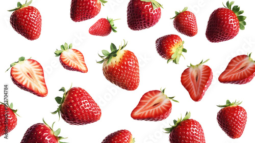 Flying or falling strawberries on transparent, PNG or white background. Fresh strawberry fruit. For food packages.	