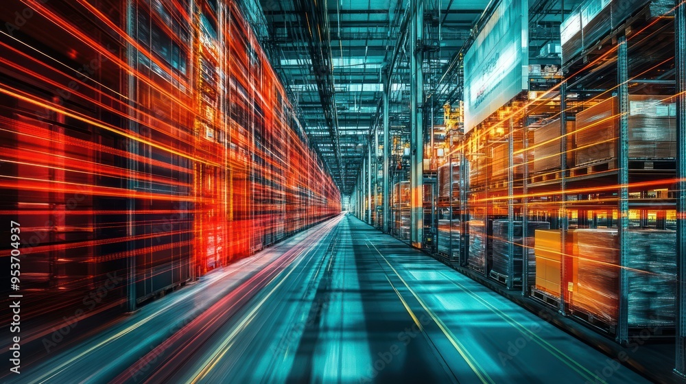 Abstract Warehouse Interior with Motion Blur and Glowing Lights Abstract Warehouse Interior with Motion Blur and Glowing Lights