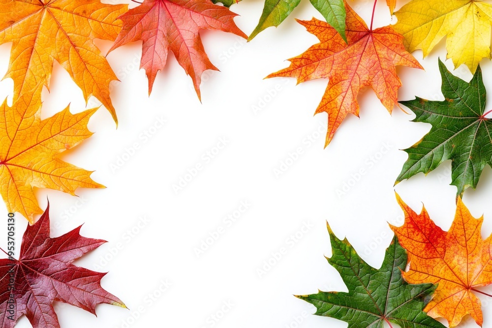 Fototapeta premium Autumn Maple Leaves Flat Lay White Background created with Generative AI