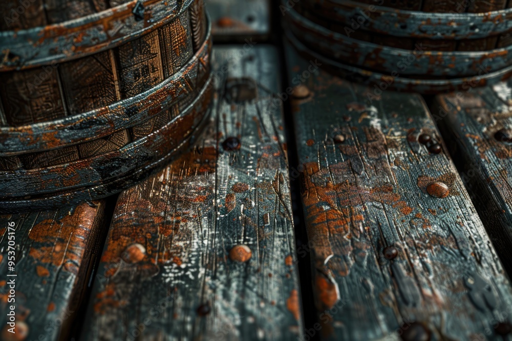 wooden barrel  wooden barrel  Fragment of old wooden barrels on planks background