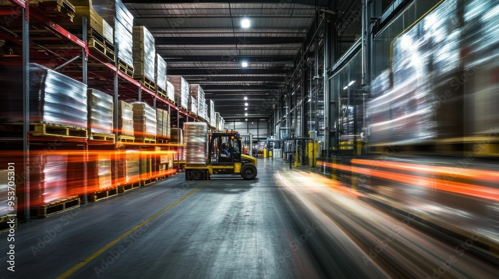 Forklift Moving Through Warehouse With Motion Blur Forklift Moving Through Warehouse With Motion Blur