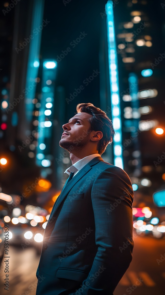 A businessman standing in the city at night, surrounded by light trails from passing cars A businessman standing in the city at night, surrounded by light trails from passing cars