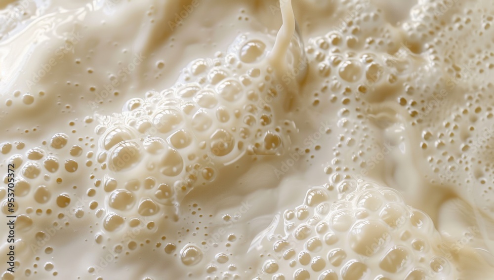 A close-up of milk being poured, with delicate bubbles forming in the liquid A close-up of milk being poured, with delicate bubbles forming in the liquid