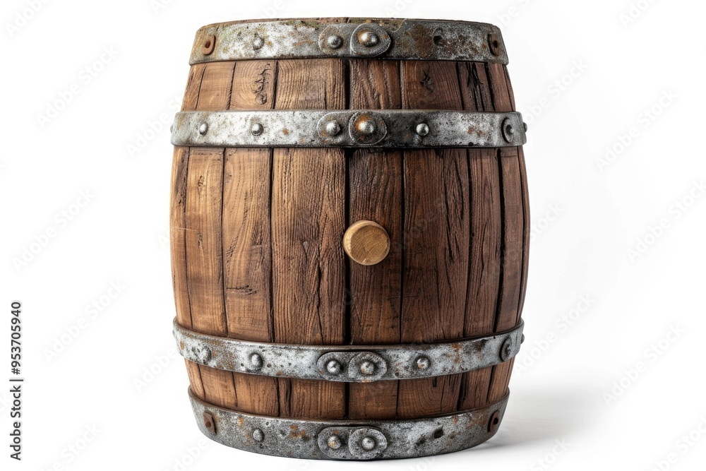 Obraz premium Oak barrel brown with metal hoops on a white isolated background