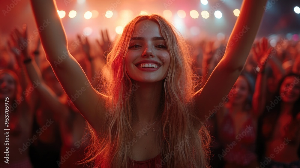 Fototapeta premium Picture of rock concert, music festival, New Year eve celebration, party in nightclub, dance floor, disco club, many people standing with raised hands up and clapping, happiness and night life concept