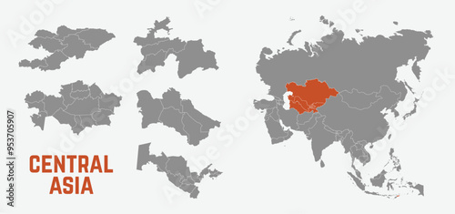 Central Asia map. Uzbekistan, Kazakhstan, Turkmenistan,  Kyrgyzstan, Tajikistan maps with regions. Asia map isolated on white background. High detailed. Vector illustration	