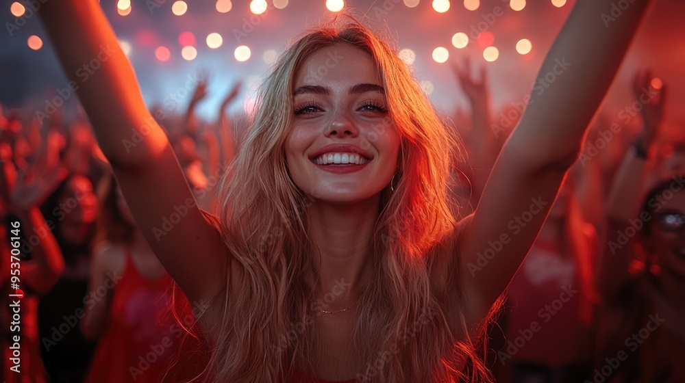 Fototapeta premium Picture of rock concert, music festival, New Year eve celebration, party in nightclub, dance floor, disco club, many people standing with raised hands up and clapping, happiness and night life concept