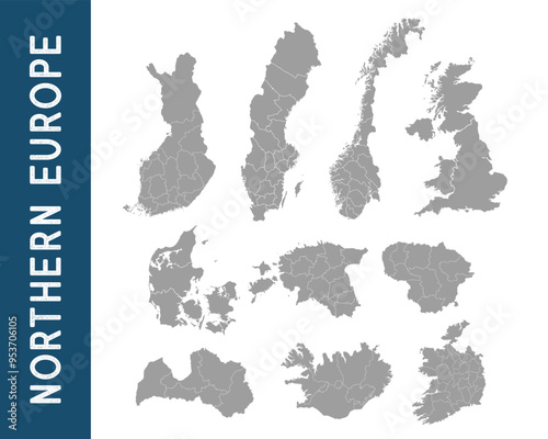 North Europe maps with regions isolated on a white background. Northern Europe countries maps set. Vector illustration