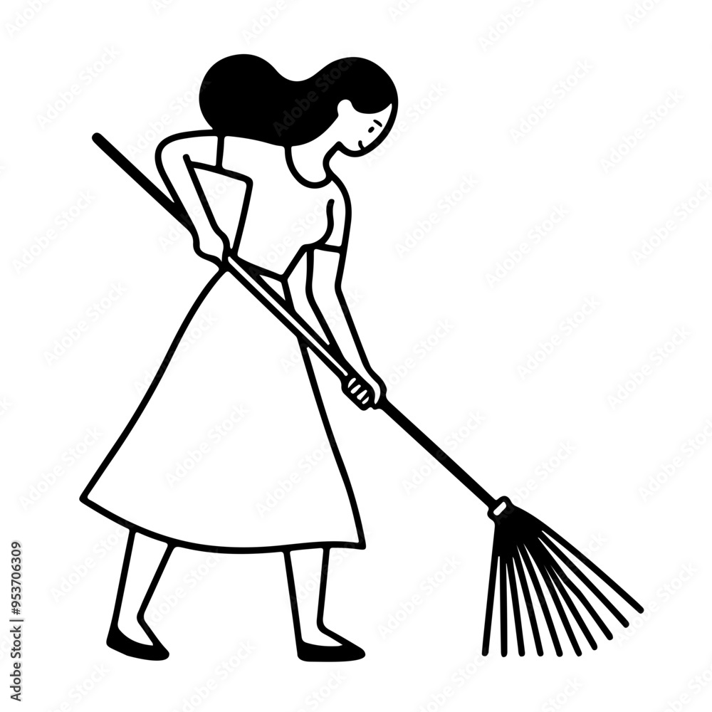 Woman Sweeping with Broom. Woman Sweeping with Broom.