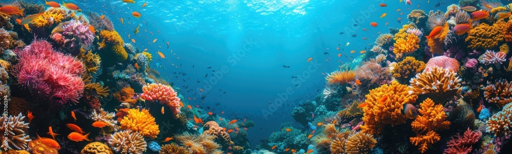 Fototapeta premium Brightly colored coral reef with sun shining through the water, travel concept, banner, copy space