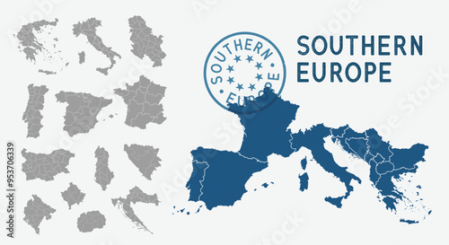 South Europe map. Spain, Portugal, France, Italy, Greece, Croatia maps with regions. Europe map isolated on white background. High detailed. Vector illustration	