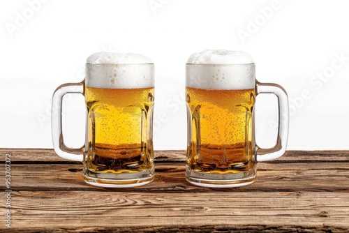 Two beer glasses on a wooden table. Isolated on a white background.