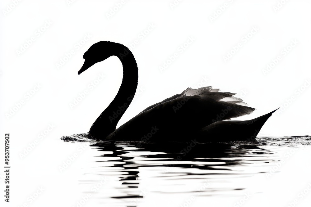 A silhouette of a swan gliding gracefully on calm water, creating a serene atmosphere.
