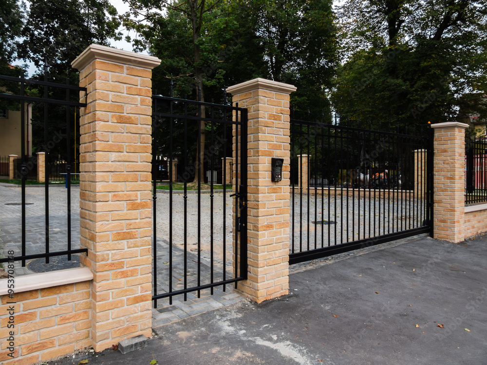 black metal fence with gate and yellow facing brick black metal fence with gate and yellow facing brick