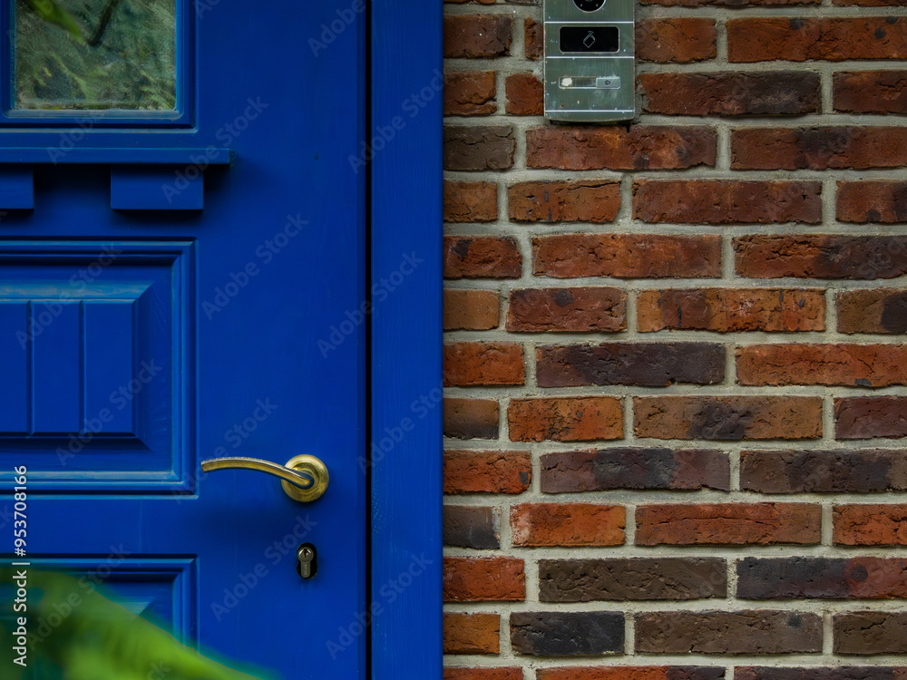 blue restored retro entrance door on a brick house close up blue restored retro entrance door on a brick house close up