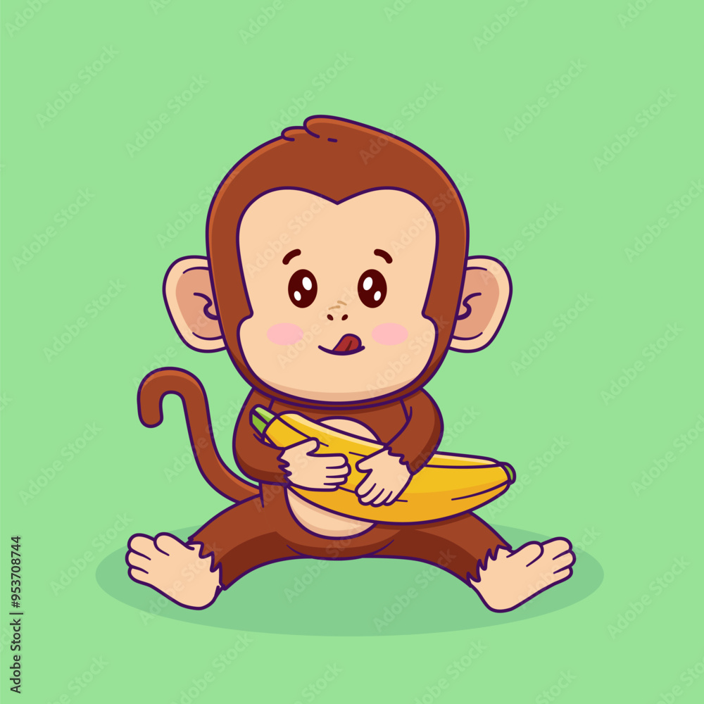 Cute Illustration of Monkey Cartoon Holds Banana. Cute Illustration of Monkey Cartoon Holds Banana.