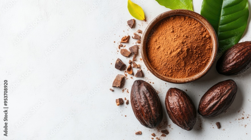 cocoa powder in a bowl with cocoa fruits and leaf on white background cocoa powder in a bowl with cocoa fruits and leaf on white background