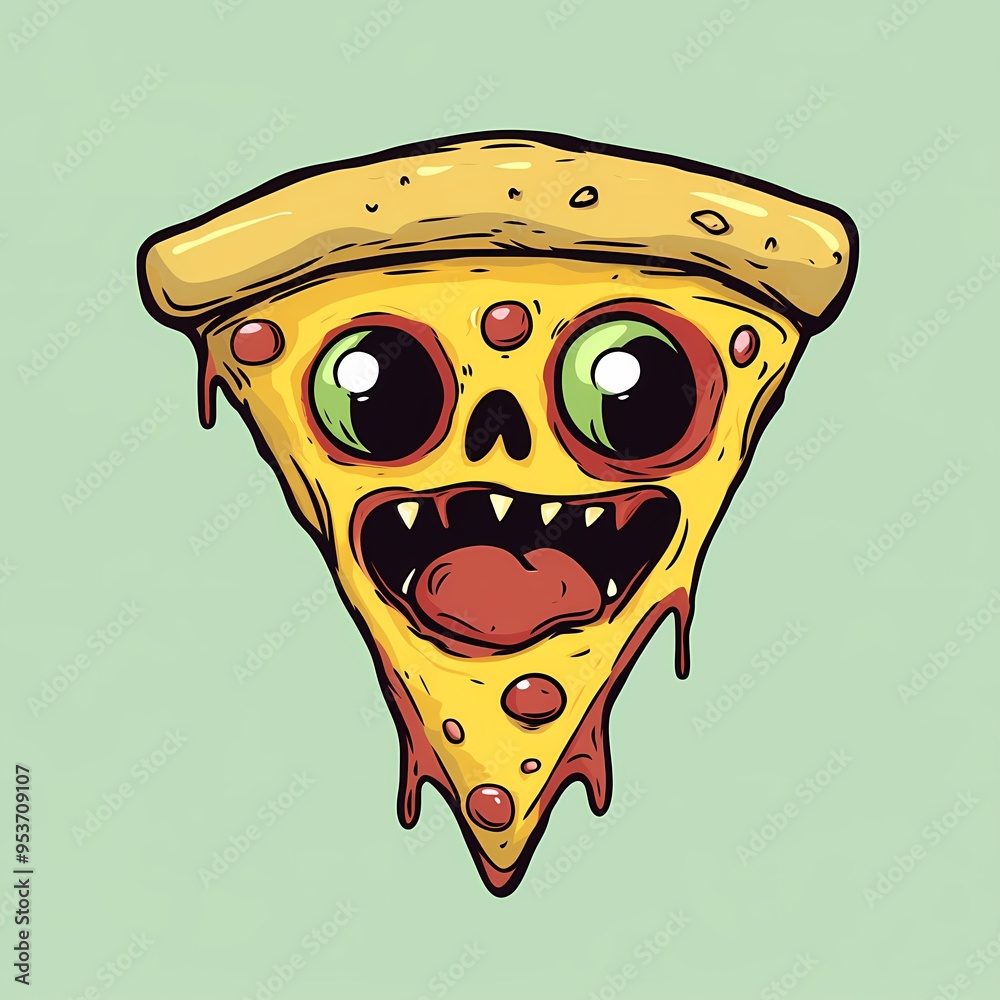 Cartoon pizza slice with a face and dripping sauce Cartoon pizza slice with a face and dripping sauce