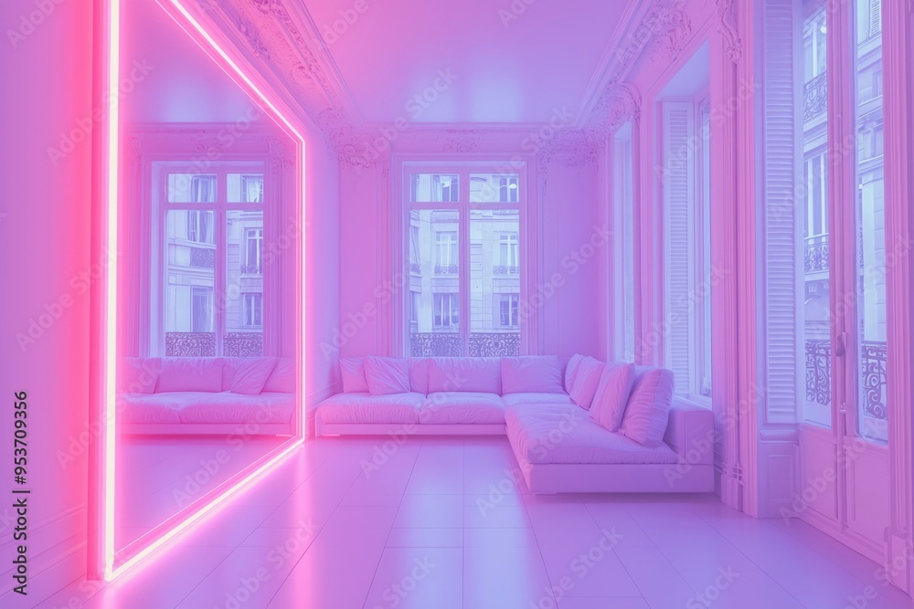 Pink Neon Light Illuminating a White Room with a Couch and Windows Pink Neon Light Illuminating a White Room with a Couch and Windows