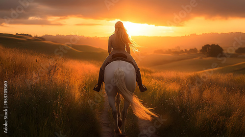 A woman on horseback rides ...