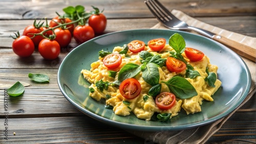 Plate of scrambled eggs with spinach and tomatoes, brain-boosting meal, nutritious and easy.