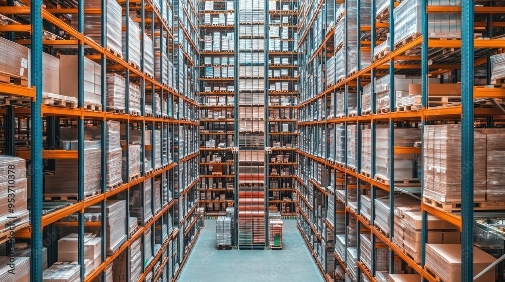 Rows of stacked cardboard boxes in a large warehouse Rows of stacked cardboard boxes in a large warehouse