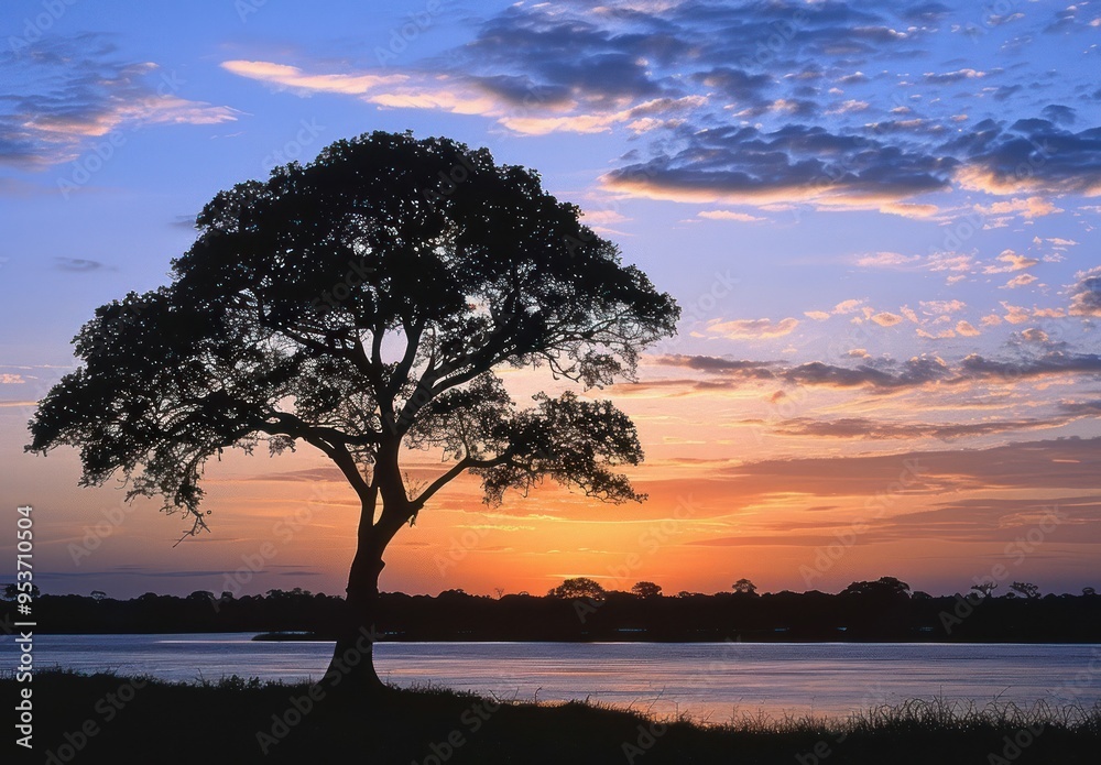 Silhouette of a tree during a colorful sunset over a calm lake Silhouette of a tree during a colorful sunset over a calm lake