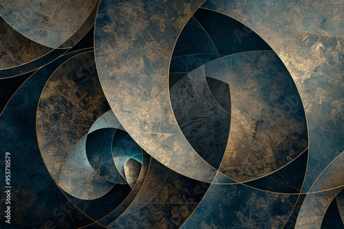 Abstract background with swirling geometric shapes in blue and gold