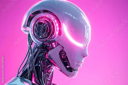 A close-up of the head and shoulders of an advanced humanoid robot, with glowing neon lights reflecting off its metallic surface in a pink light. 