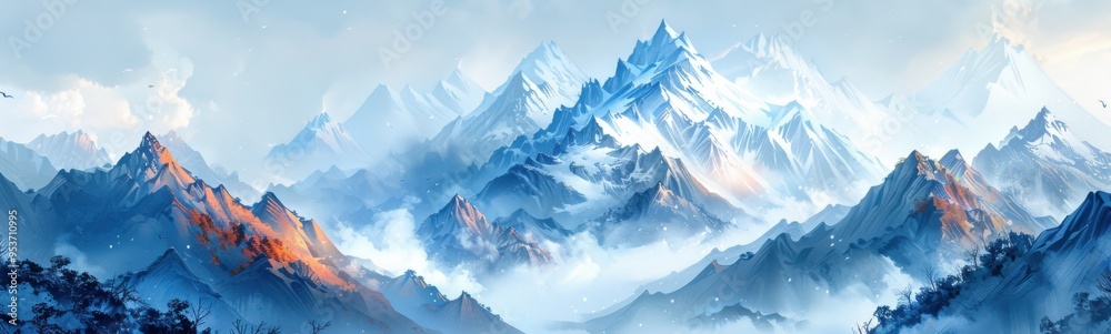 Fototapeta premium Mountains with snow and birds flying in the sky, banner, copy space