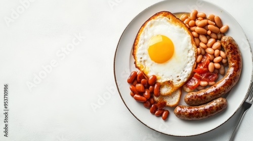 A high-quality AI-generated stock image of a traditional English breakfast with beans and sausage on the right side, leaving space on the left for text. Ideal for breakfast menus or food blogs.