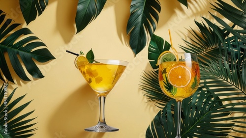 Two refreshing cocktails with palm leaves on yellow background