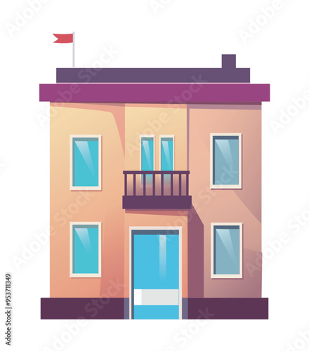 A european style flat vector illustration depicting a traditional two story house with a small balcony multiple windows and a flag on the roof