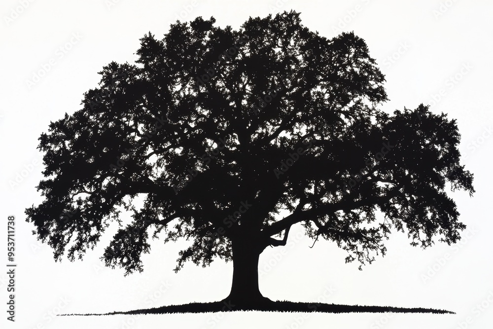 A silhouetted tree with a broad canopy against a plain background. A silhouetted tree with a broad canopy against a plain background.