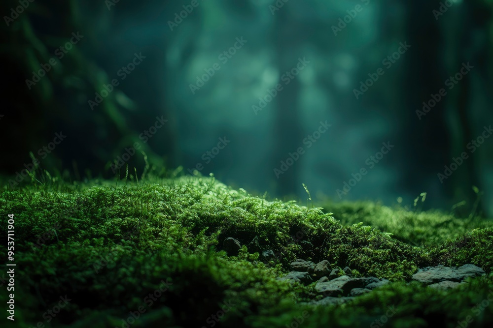Green moss and background. Backdrop for displaying products. Dark forest background with generative ai Green moss and background. Backdrop for displaying products. Dark forest background with generative ai